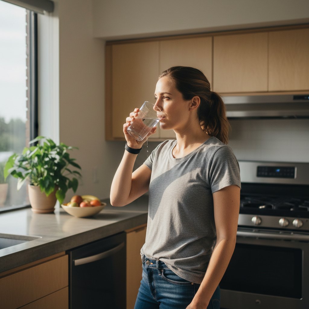 Osoba pijąca wodę w kuchni przed pobraniem krwi, nowoczesne wnętrze, naturalne światło
