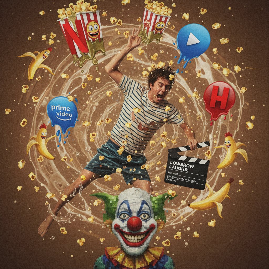 Person drowning in streaming icons and popcorn lowbrow comedy cinema