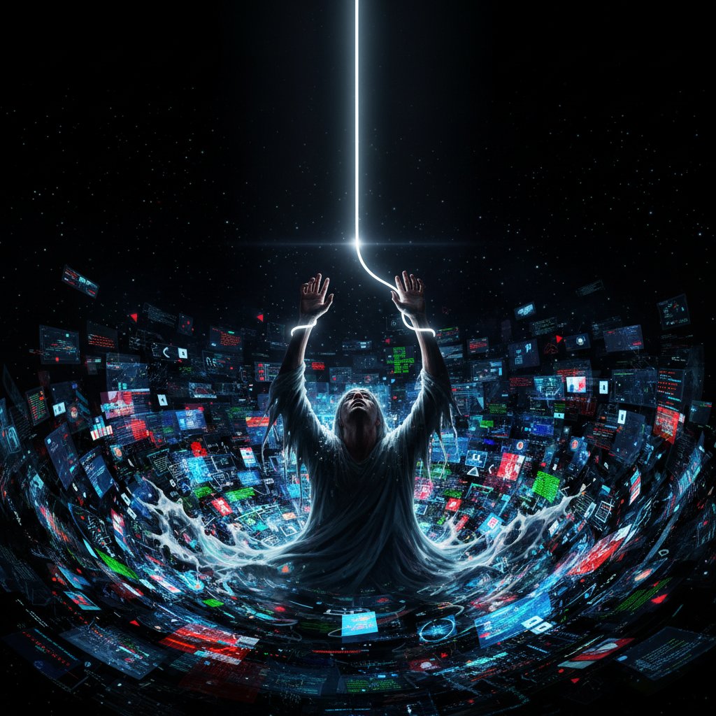 Osoba przytłoczona nadmiarem ekranów cyfrowych.