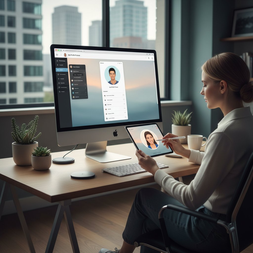 Realistyczne zdjęcie osoby edytującej profilowe na laptopie w nowoczesnej przestrzeni