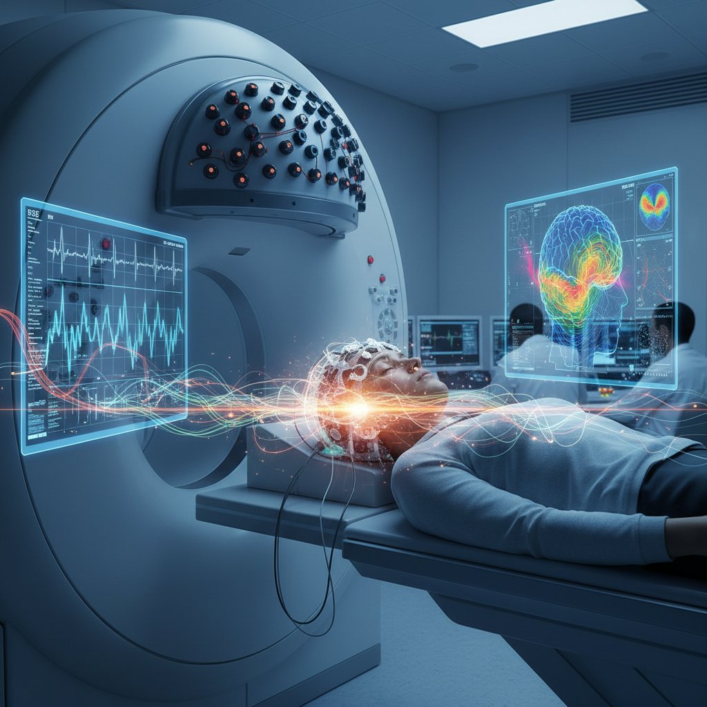Person during EEG, MEG and MRI examination, brainwave pattern overlay