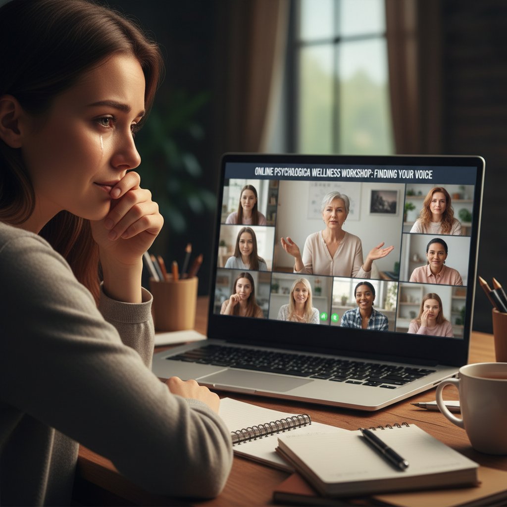 Osoba podczas emocjonalnej sesji warsztatów psychologicznych online, silne emocje i skupienie na ekranie