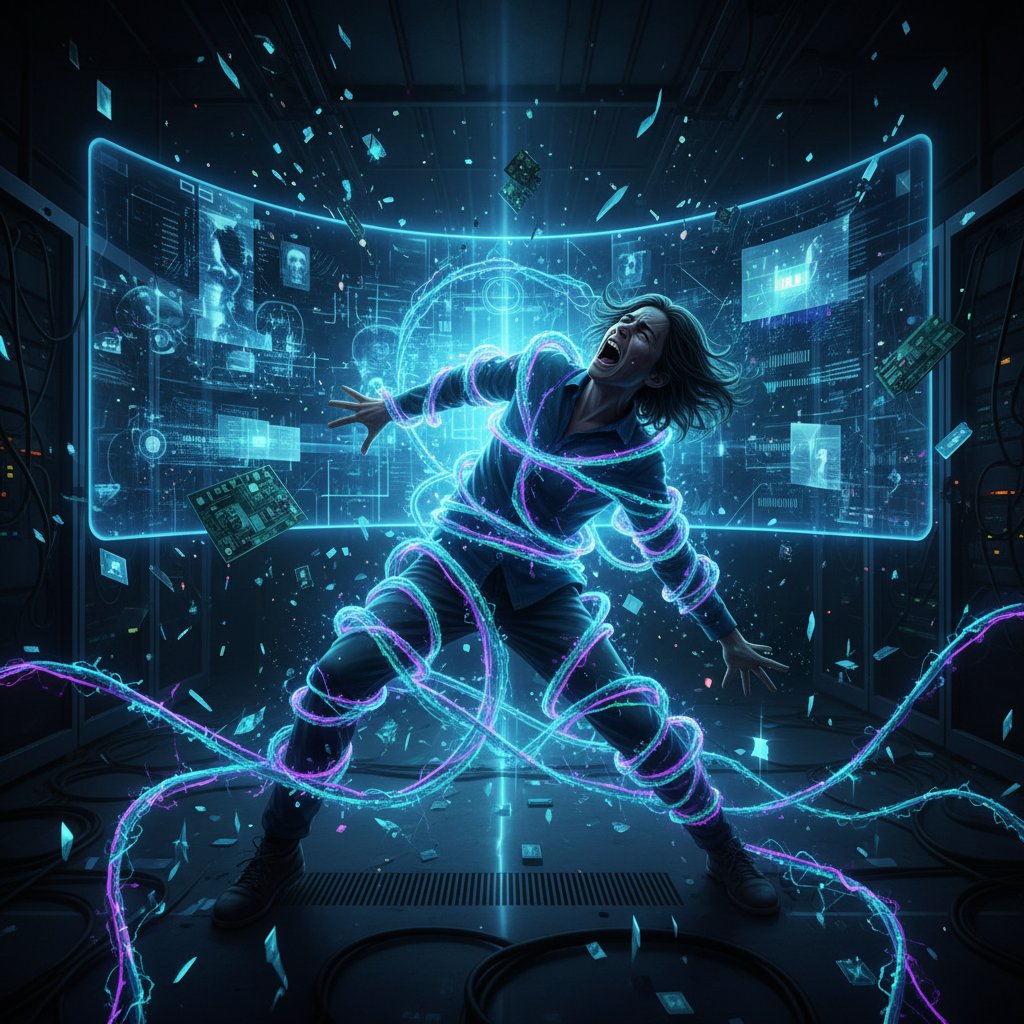 Człowiek zaplątany w cyfrowe nici wychodzące z ekranu AI, metafora wpływu AI na społeczeństwo