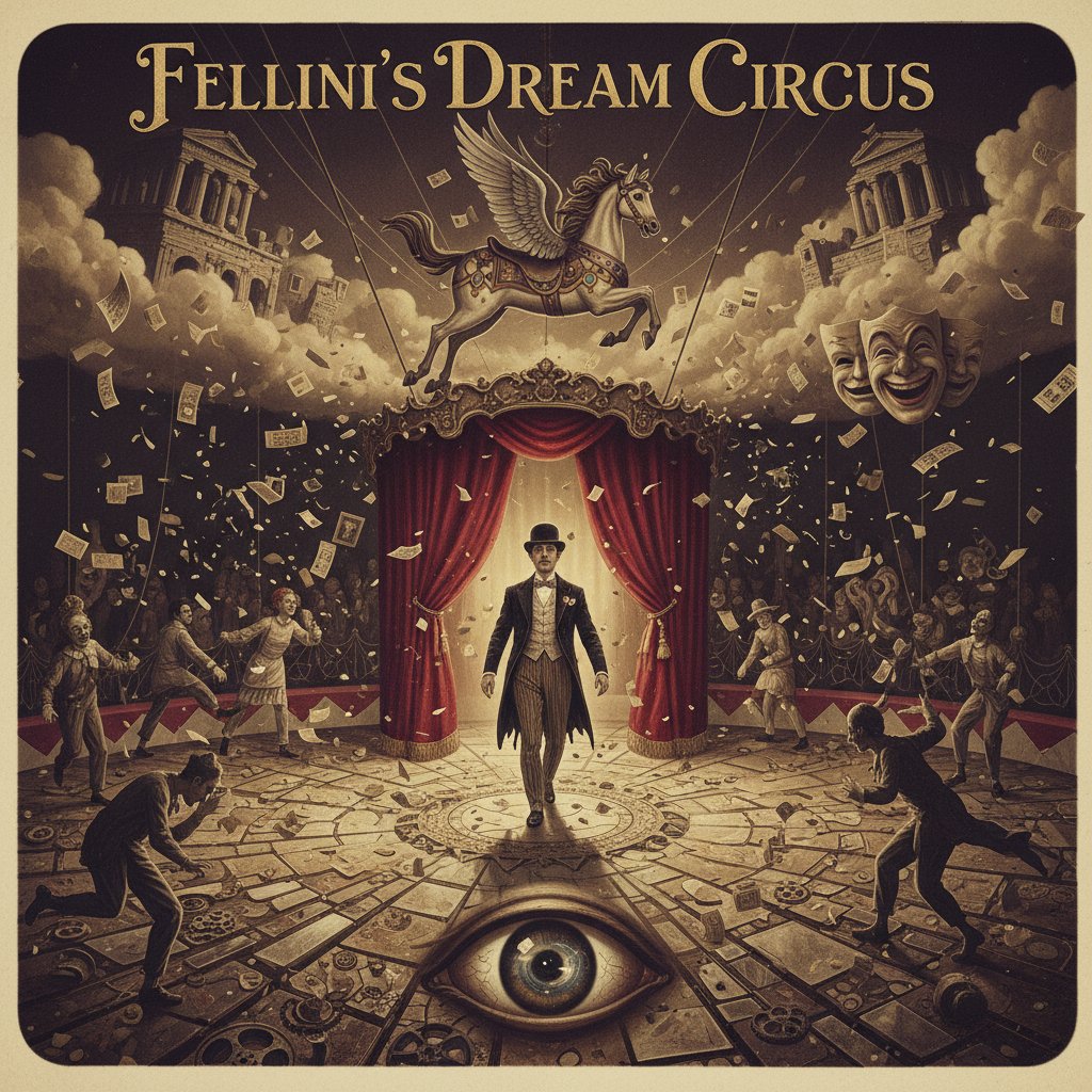 Person entering a Fellini-inspired cinematic dreamscape, symbolizing new beginnings