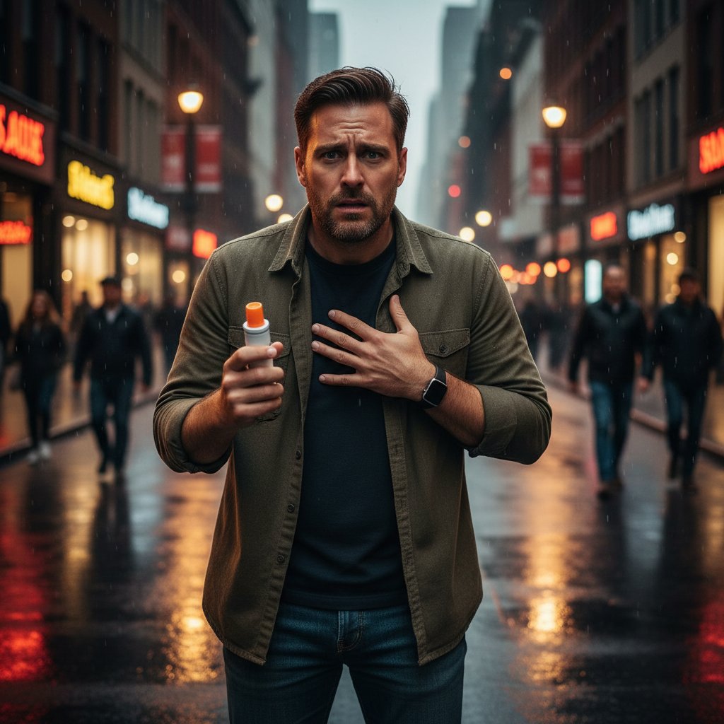 Osoba trzymająca autostrzykawkę Epipen w dłoni, z wyrazem niepokoju na twarzy; scena miejska o zmierzchu, anafilaksja w tle