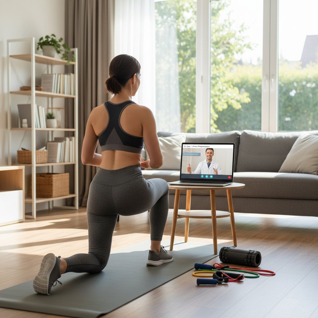 Osoba ćwicząca w domu przed laptopem, konsultacja online z fizjoterapeutą, prewencja ortopedyczna