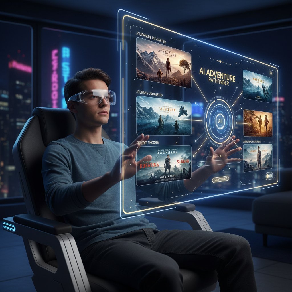 Person exploring adventure movie recommendations, AI-driven interface, cinematic background