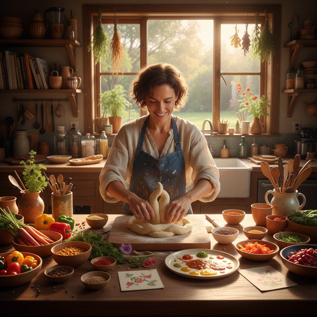 Osoba wyrażająca siebie przez gotowanie, ekspresja twarzy, kreatywność, domowa kuchnia