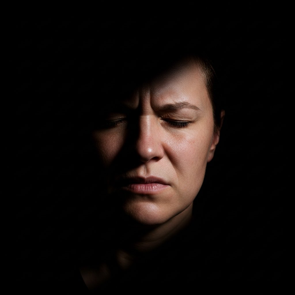 Zbliżenie na twarz w cieniu, oczy zamknięte, widoczny niepokój
