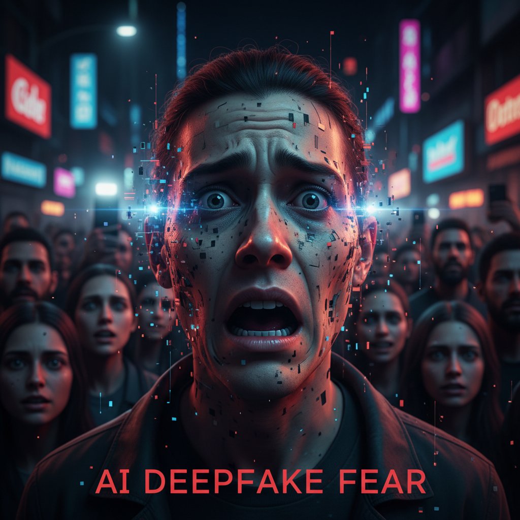 Osoba z podmienioną twarzą w tłumie, deepfake wizerunek, zagrożenia AI