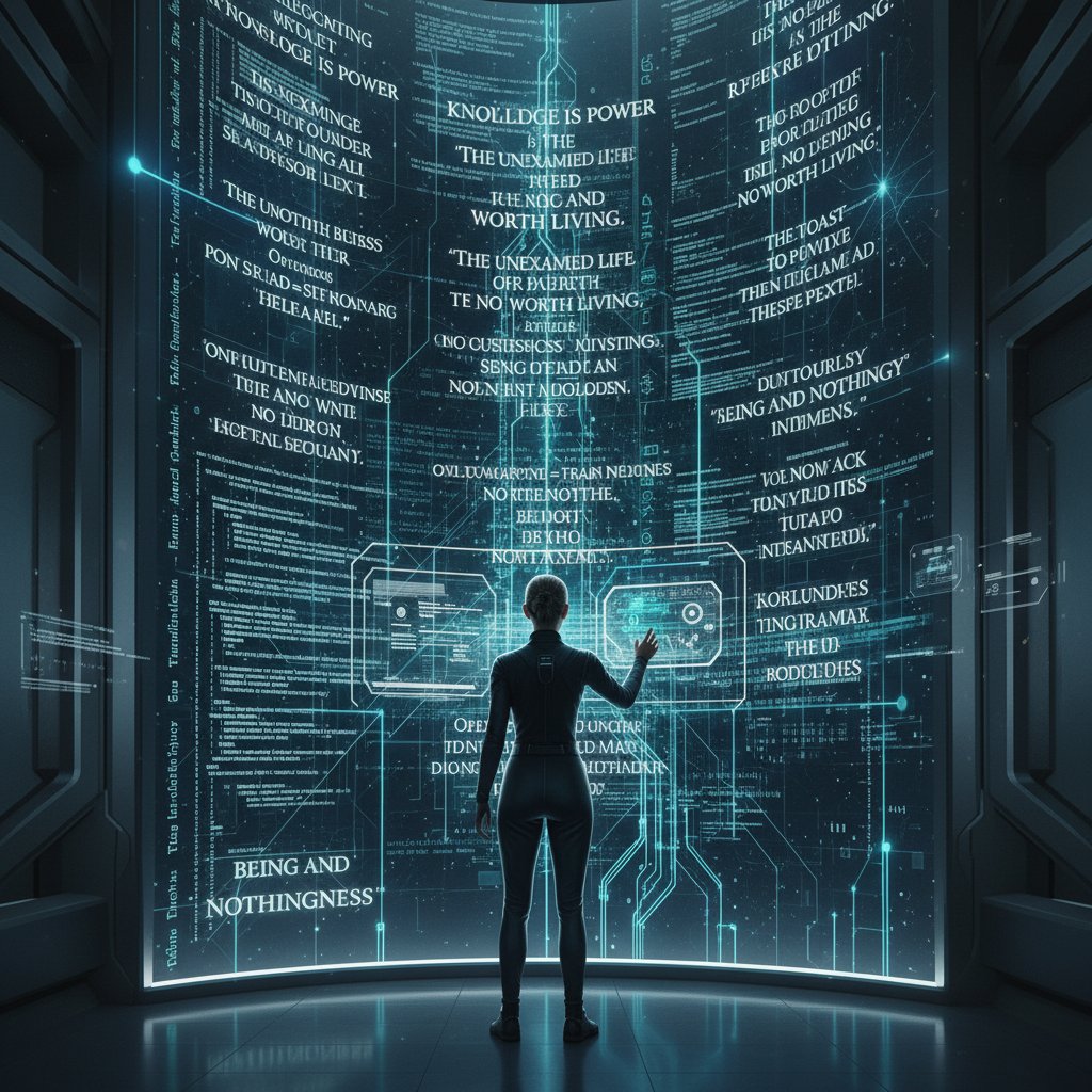 Osoba stoi przed cyfrową ścianą z cytatami filozoficznymi i kodami AI, światło pada na twarz