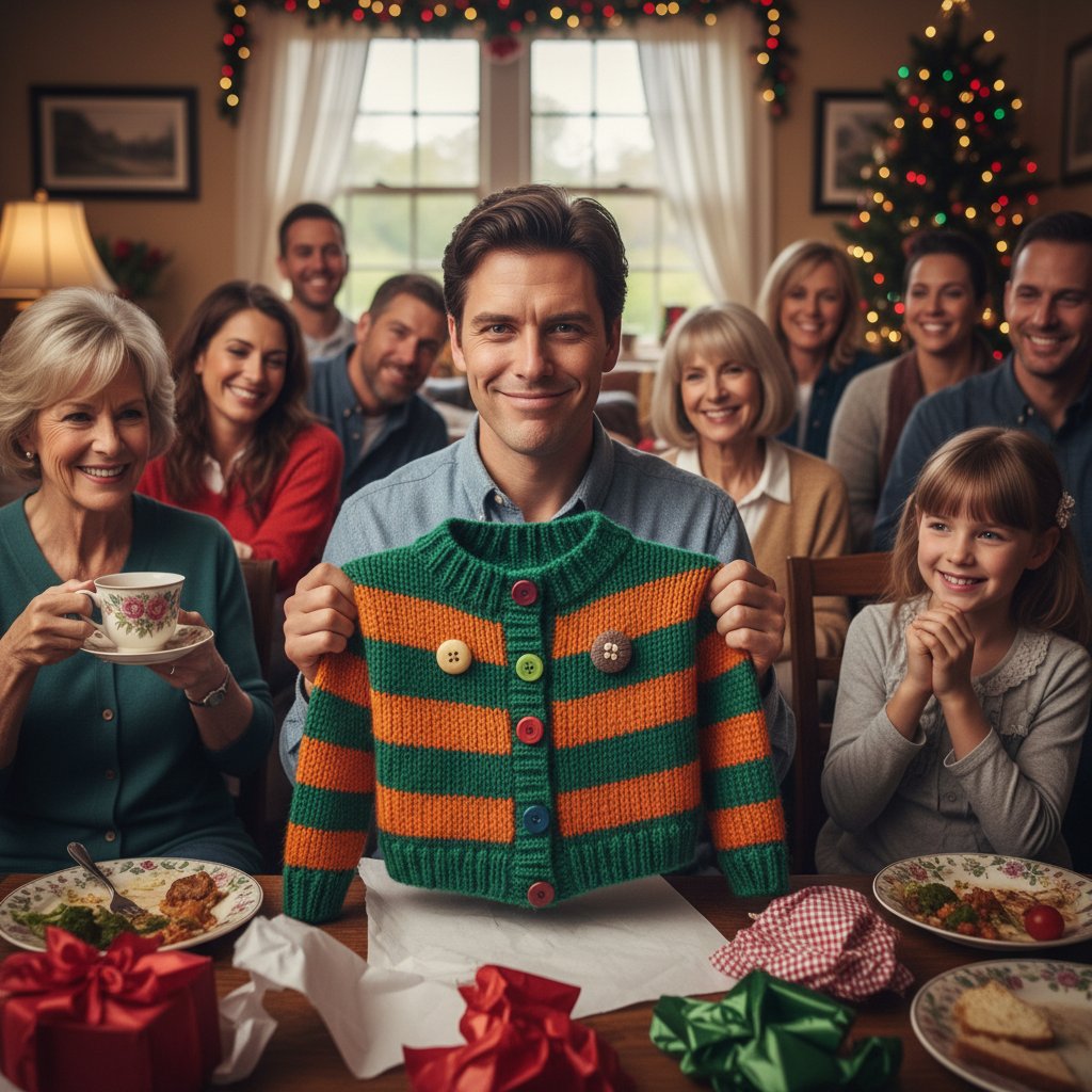 Osoba z wymuszonym uśmiechem odbierająca nietrafiony prezent wśród rodziny