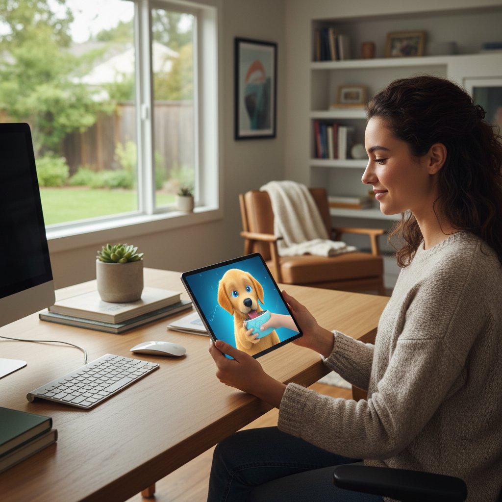 Person füttert virtuellen Hund am Tablet während Homeoffice, flexible Alltagsnutzung