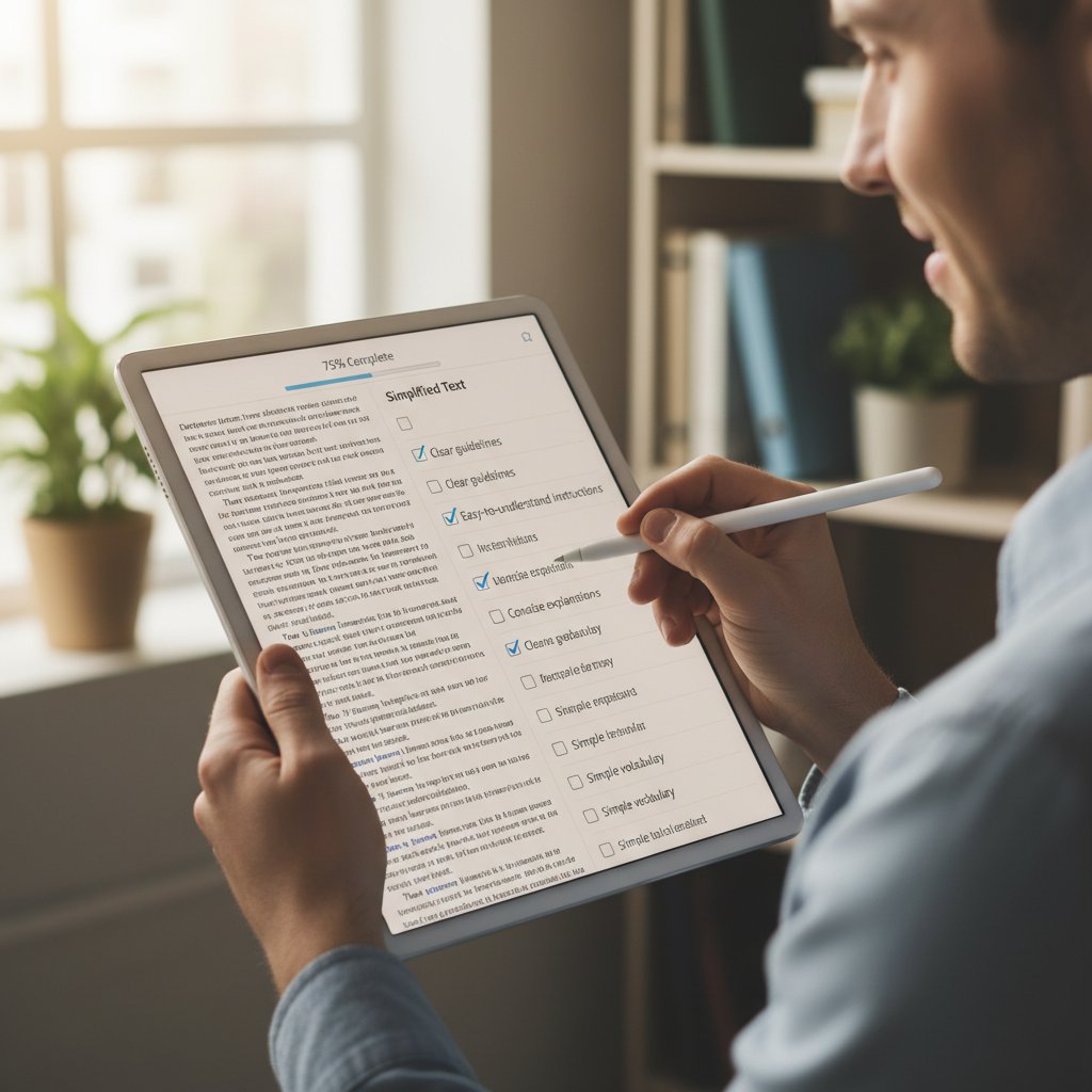 Person filling out checklist for choosing a text simplification tool, highlighting the importance of a self-assessment in the selection process.