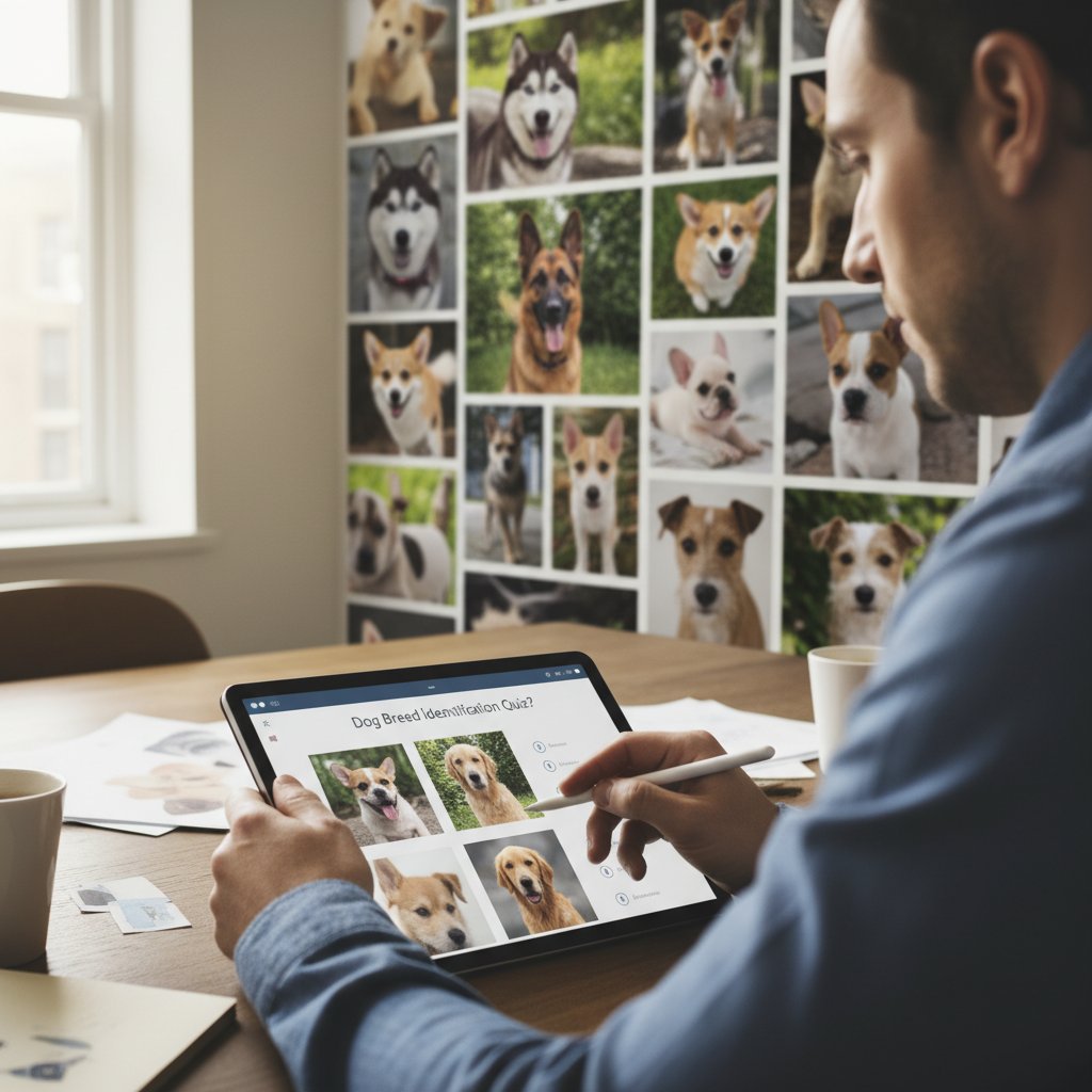 Osoba zaznaczająca odpowiedzi w teście wyboru rasy psa, w tle zdjęcia różnych psów