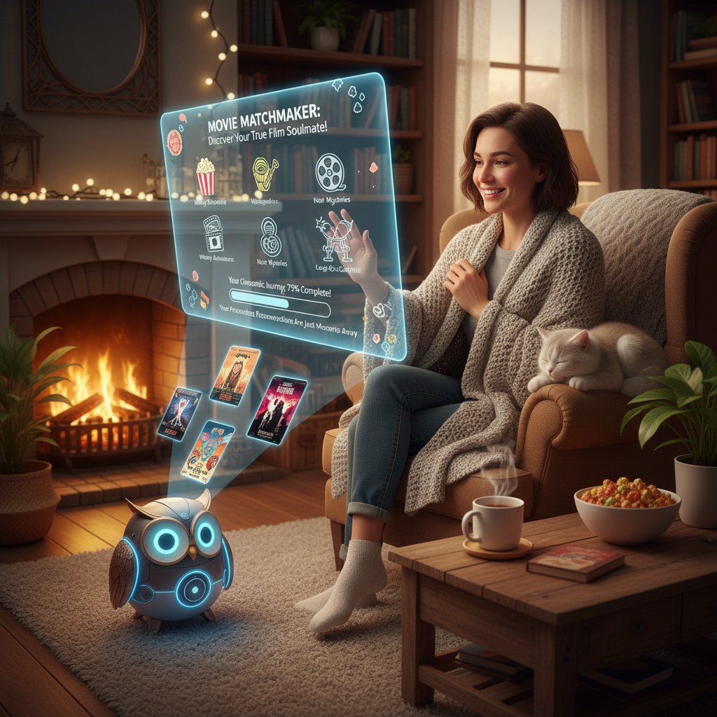 A person filling out a quirky, illustrated movie taste quiz at home, reflecting the importance of self-assessment in choosing a movie assistant