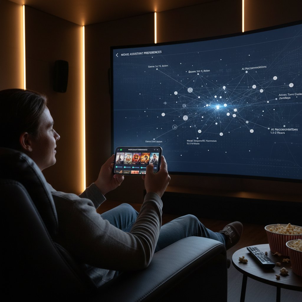Person fine-tuning movie assistant preferences on a smartphone, lifestyle photo.