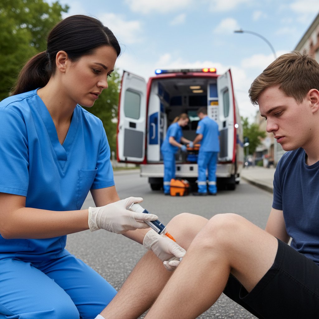 Osoba udzielająca pierwszej pomocy, korzystająca z autostrzykawki adrenalinowej, pogotowie w tle