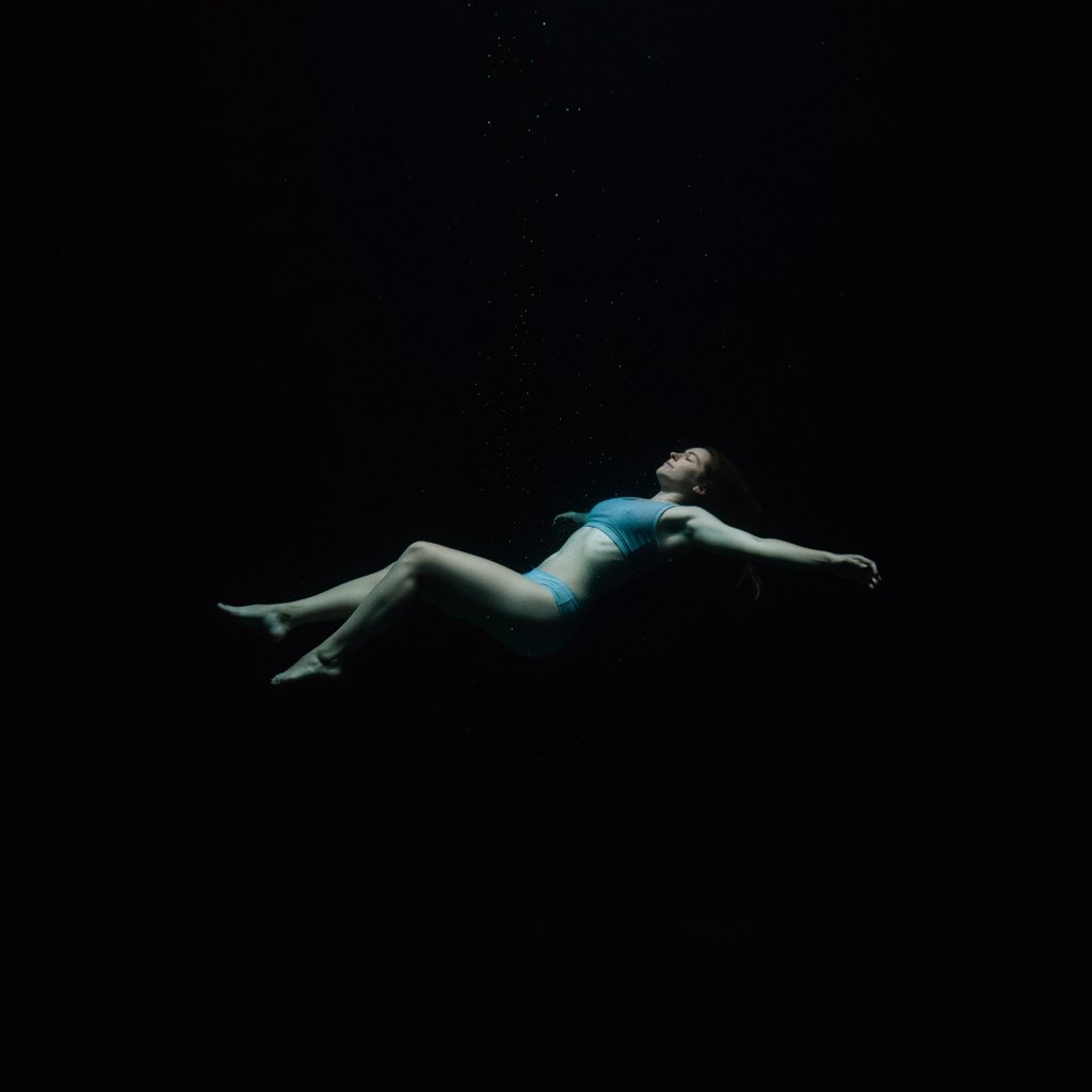 Osoba unosząca się w ciemnej komorze floatingowej, widoczne napięcie i ulga na twarzy