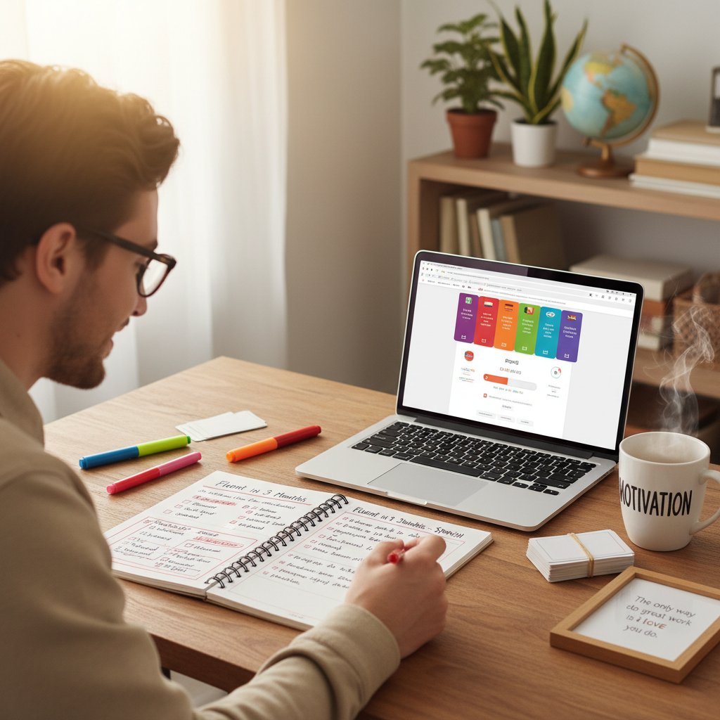 Osoba realizująca plan nauki niemieckiego mówienia online krok po kroku, notatki, laptop, jasne światło, motywacja