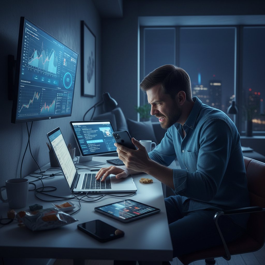 Gestresste Person zwischen Laptop und Smartphone im Homeoffice, Stress Symptome sichtbar