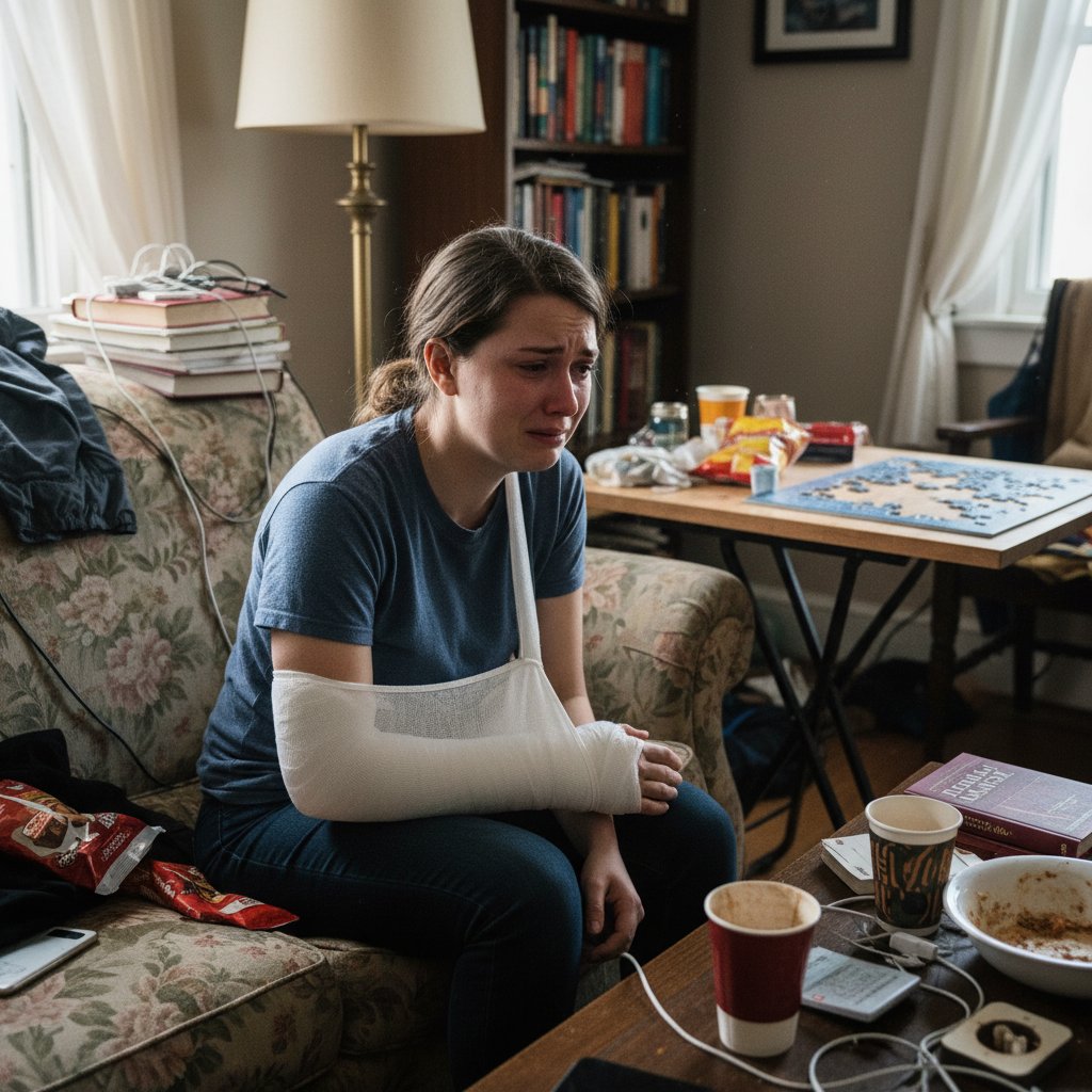 Osoba z nowym gipsem próbuje funkcjonować w mieszkaniu