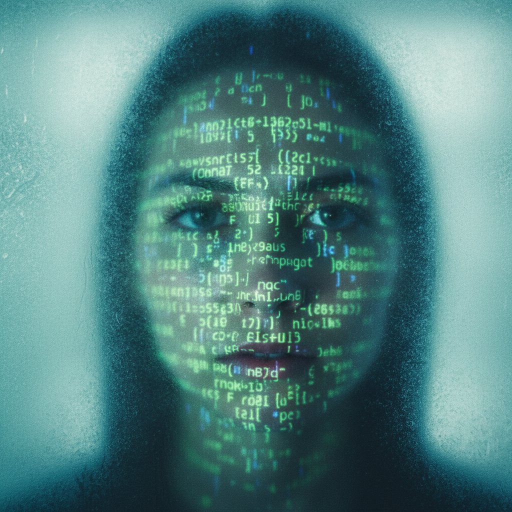 Osoba za matową szybą, cyfrowy kod odbijający się na twarzy, motyw zagrożenia prywatności