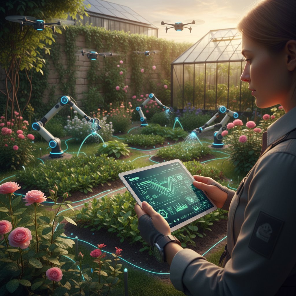 Człowiek w ogrodzie monitorującym automatyczne procesy przez tablet