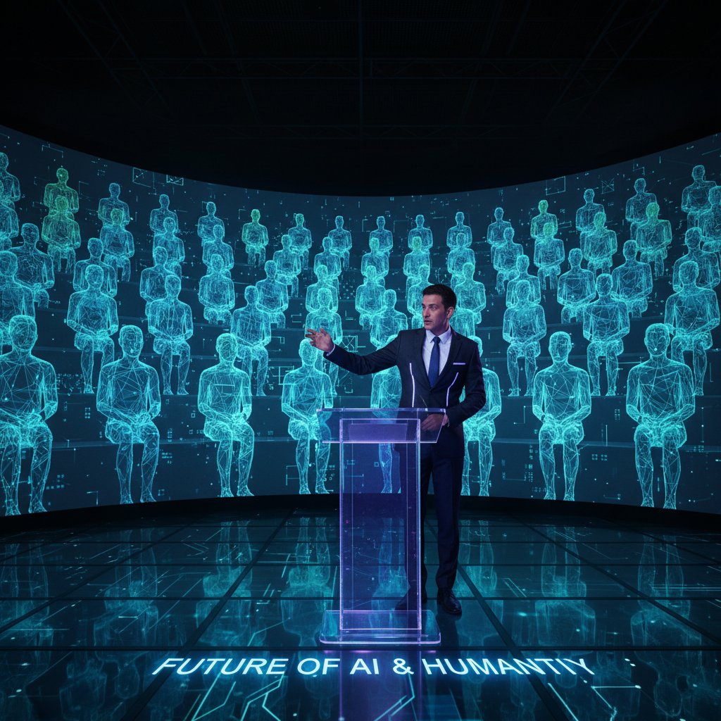 Osoba wygłaszająca prezentację przed ekranem z cyfrową publicznością AI, ekran emituje realistyczne twarze i reakcje