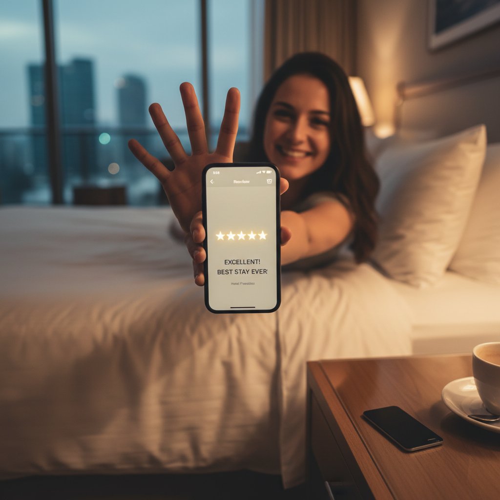 Zdjęcie osoby zaznaczającej najwyższą ocenę w formularzu recenzji hotelowej, wyraźny cień padający na twarz