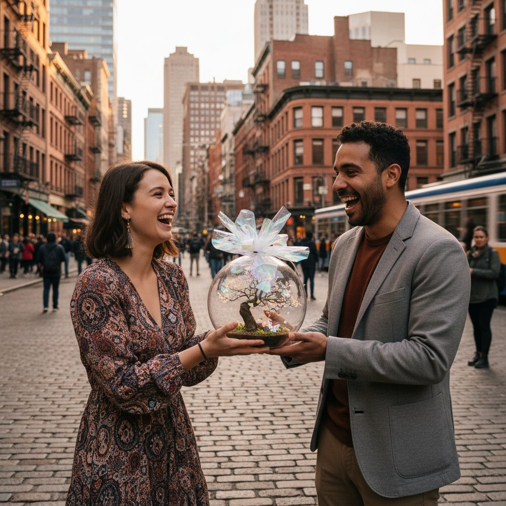 Osoba wręczająca nietypowy prezent w dynamicznej, miejskiej scenerii, z uśmiechami i autentycznym entuzjazmem