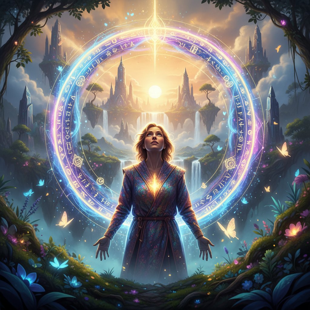 Osoba stojąca przed portalem do fantastycznego świata, atmosfera nadziei