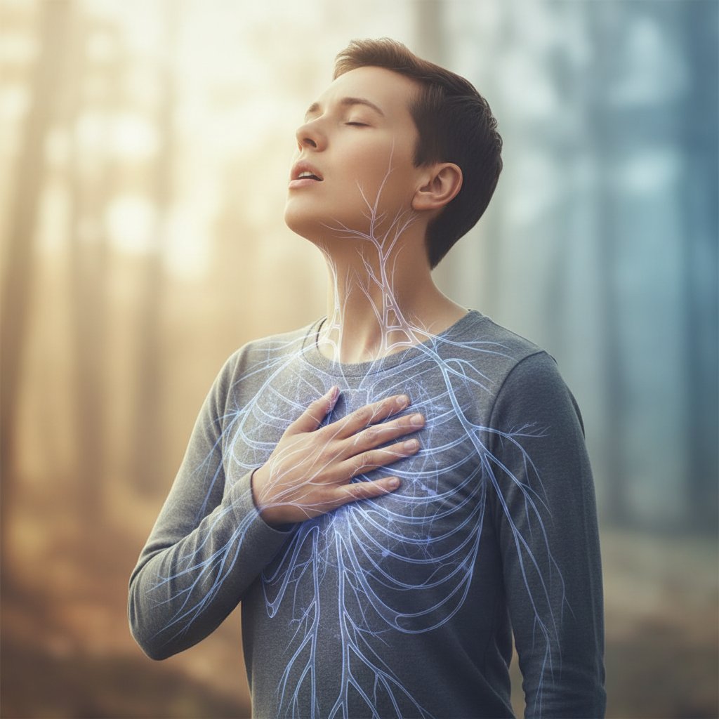 Bliskie ujęcie osoby przykładającej dłoń do klatki piersiowej podczas głębokiego, świadomego oddechu