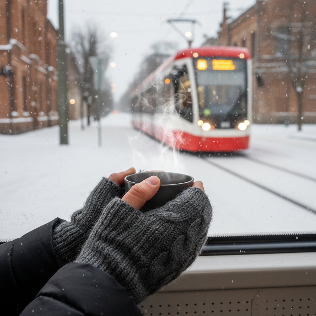 Osoba z ogrzewaczami dłoni w tramwaju podczas zimy