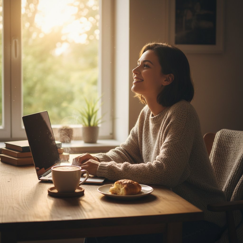 Osoba zadowolona po rozmowie online, komputer i kubek kawy na biurku, światło poranka