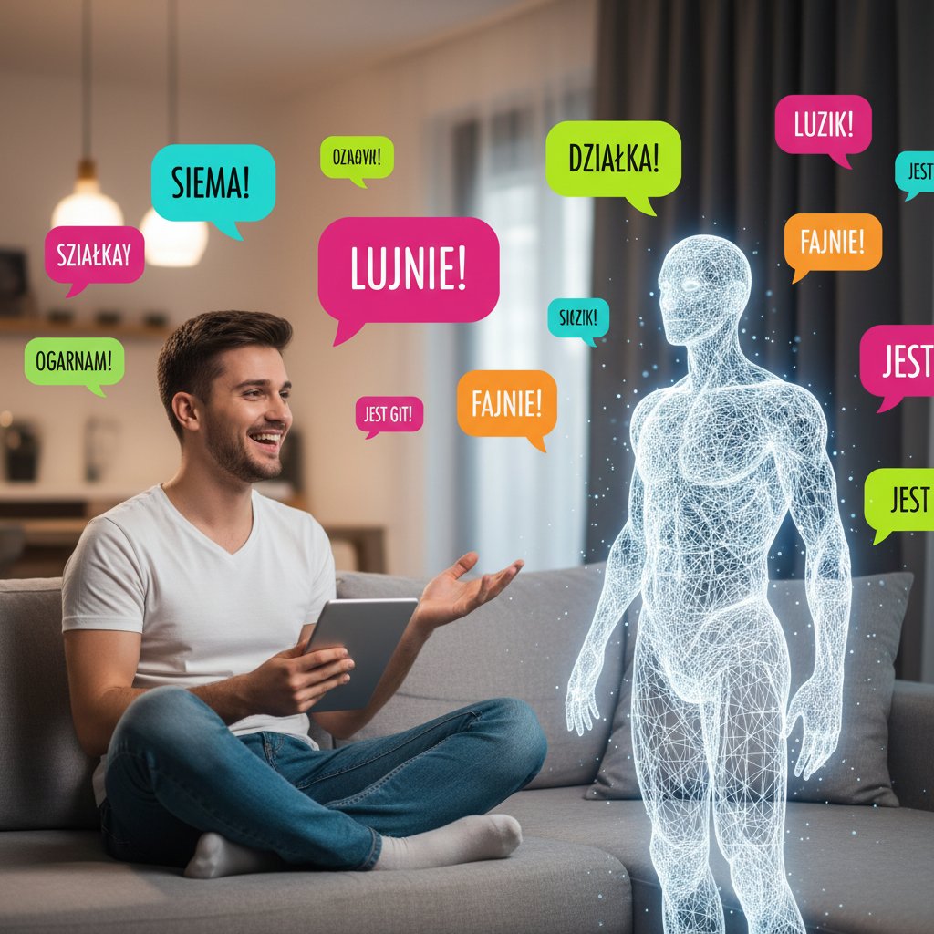Młoda osoba zadowolona z rozmowy z AI, ekran komputera z kolorowymi dymkami czatu i polskim slangu