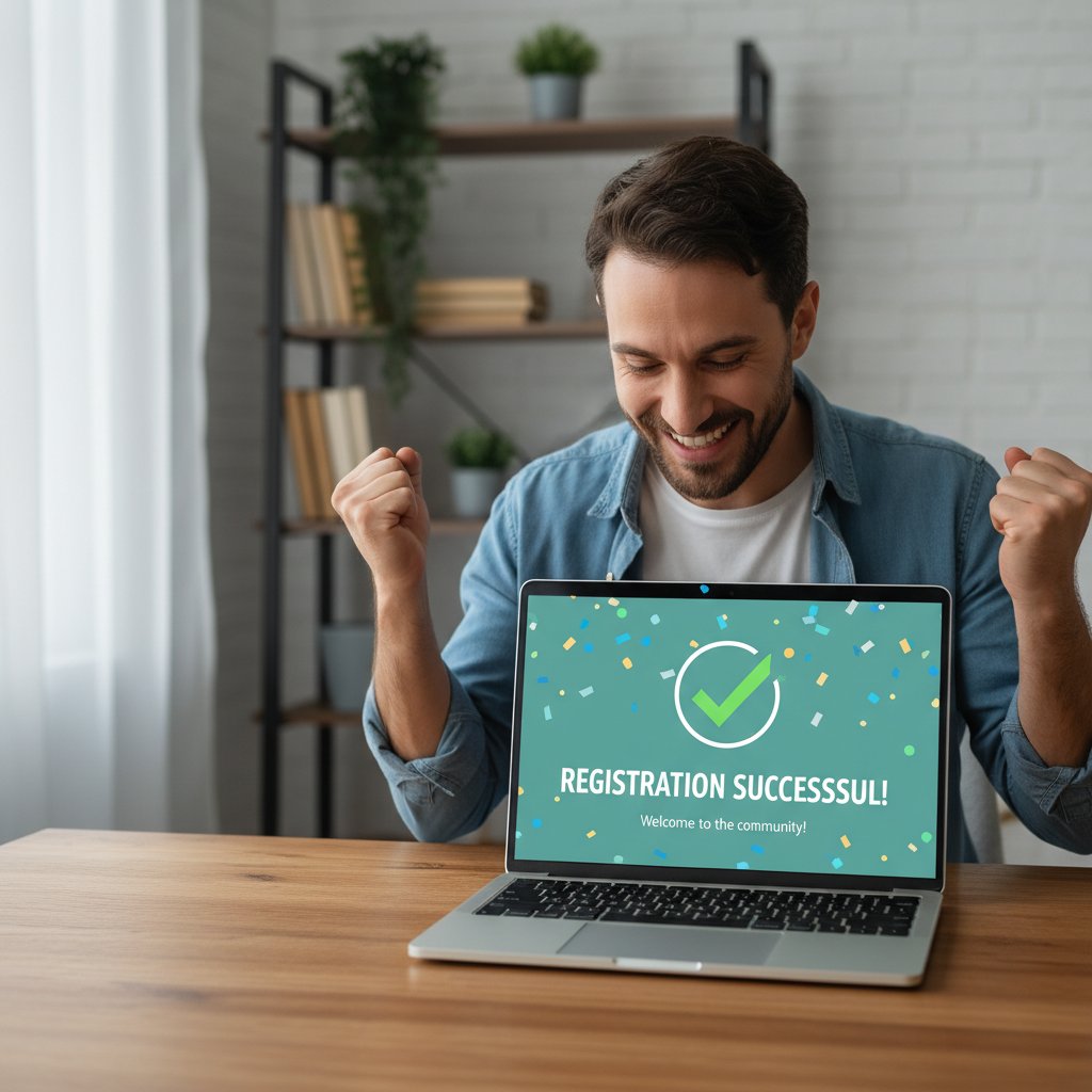 Zdjęcie osoby zadowolonej po szybkim założeniu konta na laptopie