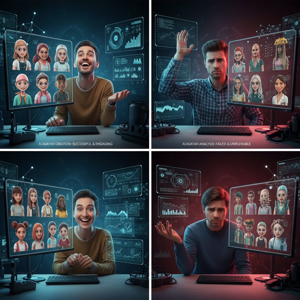 Osoba zadowolona i rozczarowana, analizująca różne efekty awatarów AI