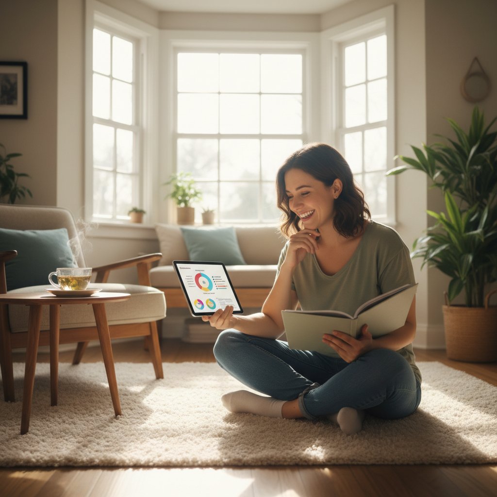 Osoba zadowolona po analizie wyników testu osobowości, spokojna, w jasnym pomieszczeniu
