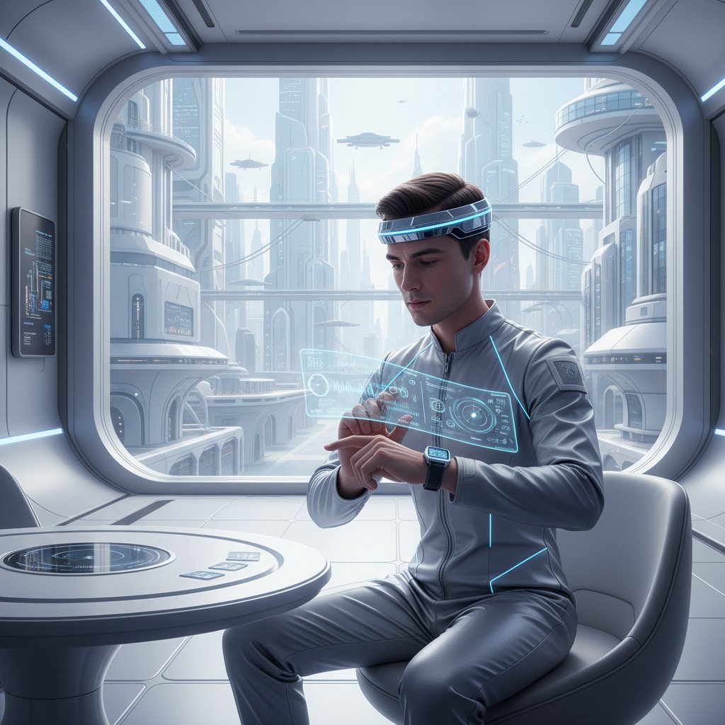 Osoba z elektroniczną opaską na głowie i smartwatchem siedząca w futurystycznym wnętrzu – granice człowiek-maszyna