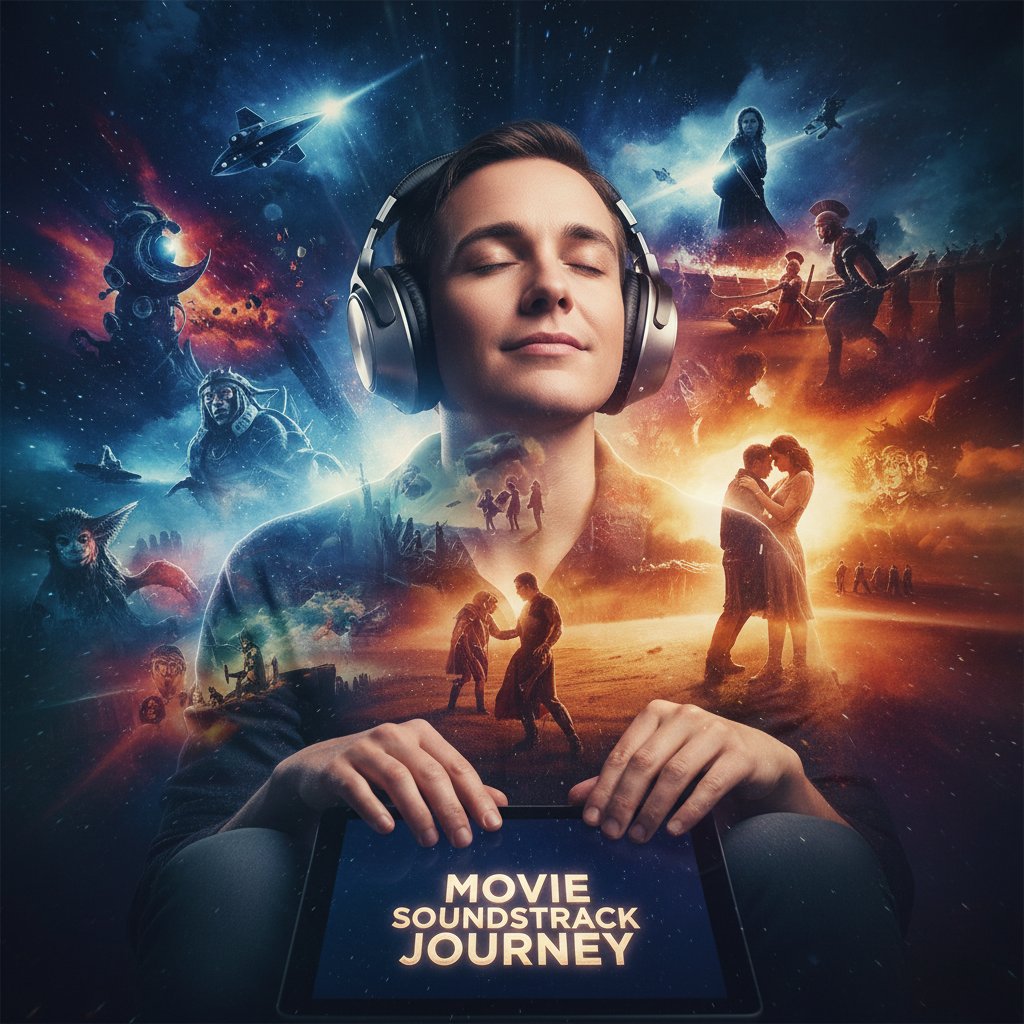 Close-up of a person with headphones, lost in movie music, blurred film stills in background