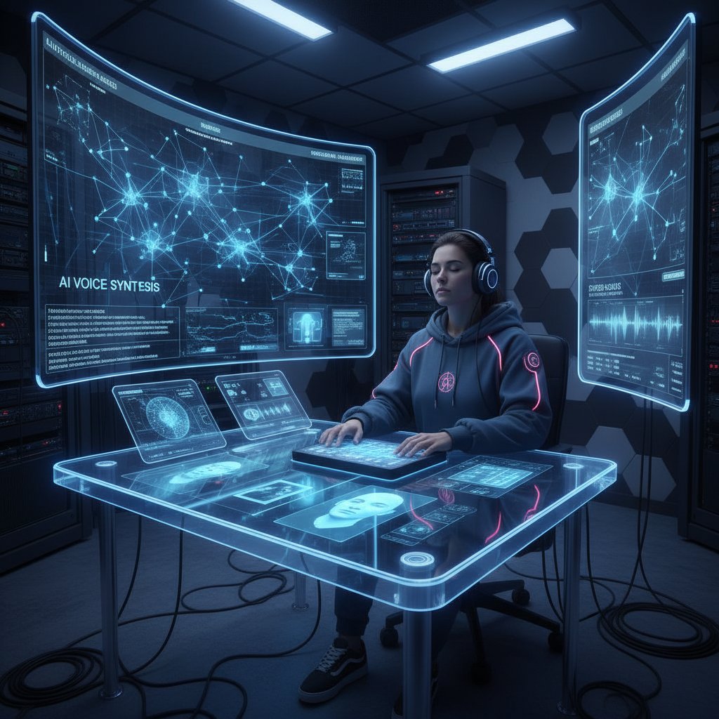 Technical illustration: person wearing headphones in a studio, neural network style background, AI voice synthesis, digital memorial recordings, sophisticated mood