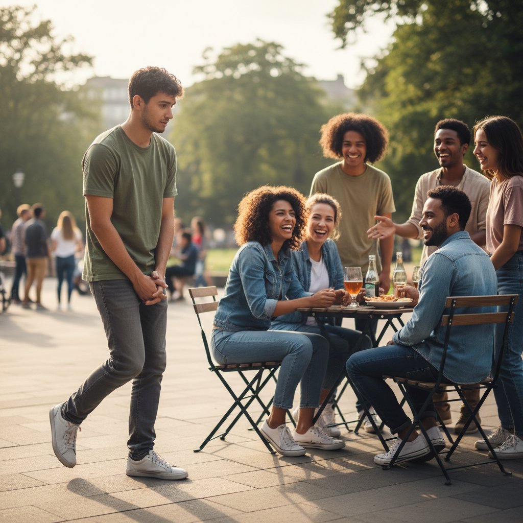 Osoba wahająca się przed dołączeniem do grupy, obrazująca lęk przed nowymi relacjami