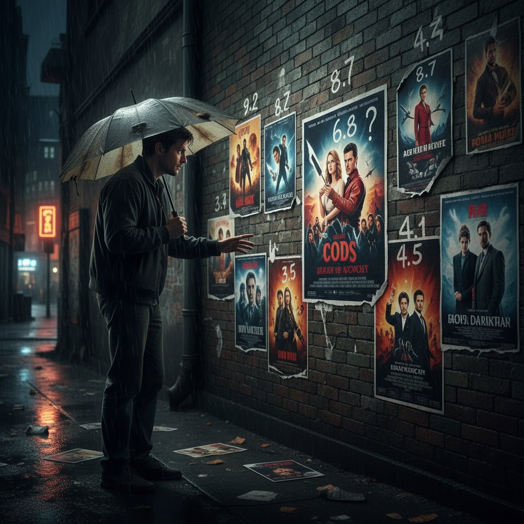 Person hesitating between two movie posters, scores visible, metacritic movies indecision
