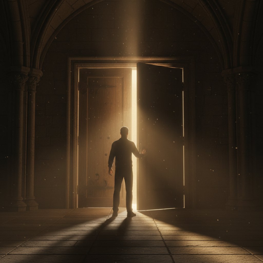 Wahająca się postać przed otwartymi drzwiami, światło zza drzwi – symbol szansy i lęku