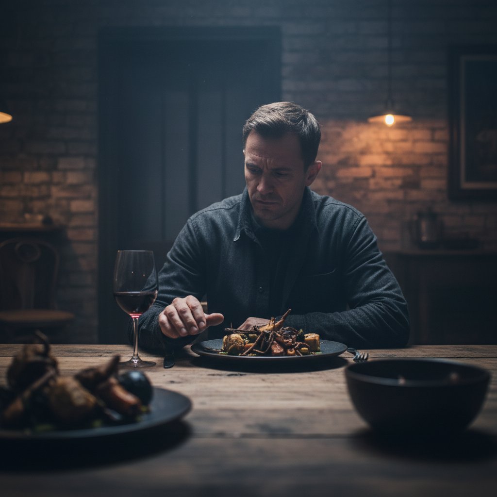 Osoba wahająca się nad posiłkiem, napięta atmosfera – psychologiczne wyzwania nadwyżki kalorycznej