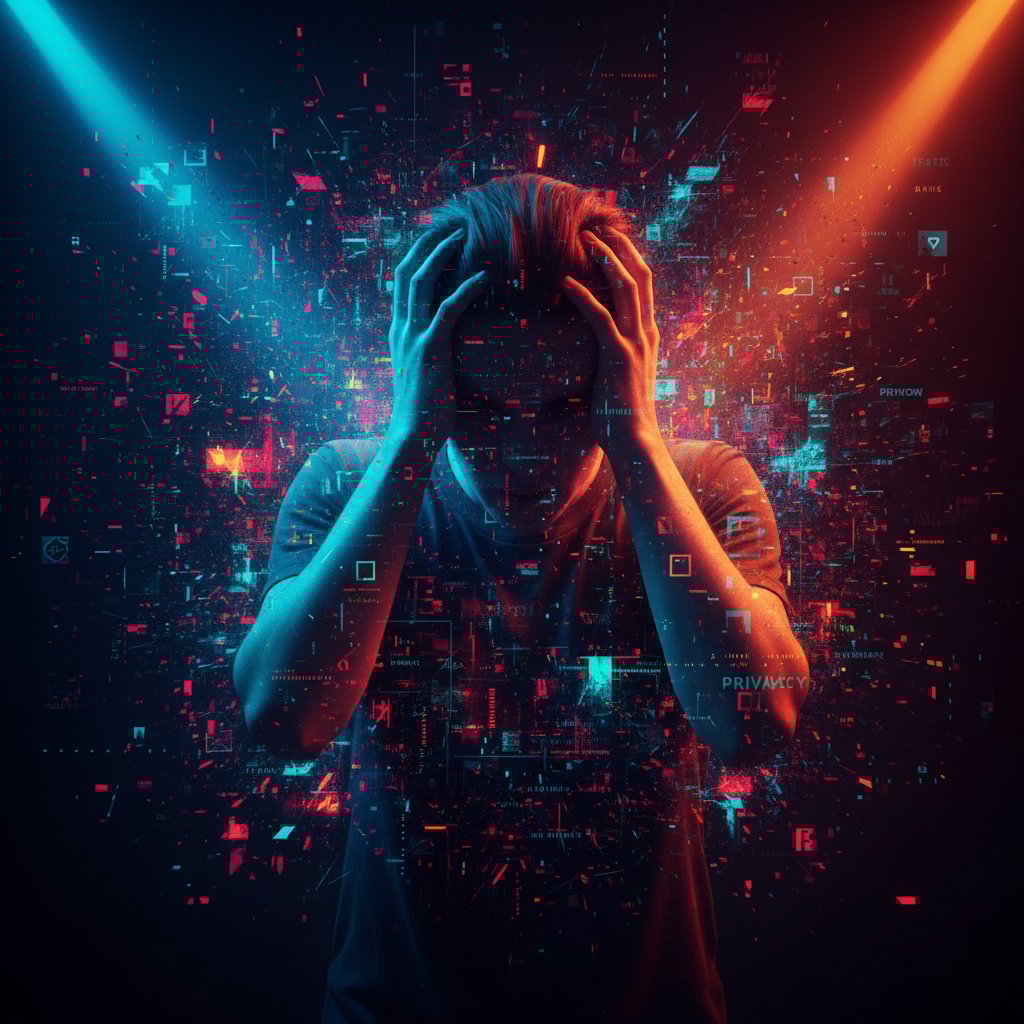 Osoba zasłonięta danymi cyfrowymi, klimat niepokoju i dystansu, kontrastowe oświetlenie, mocne kolory