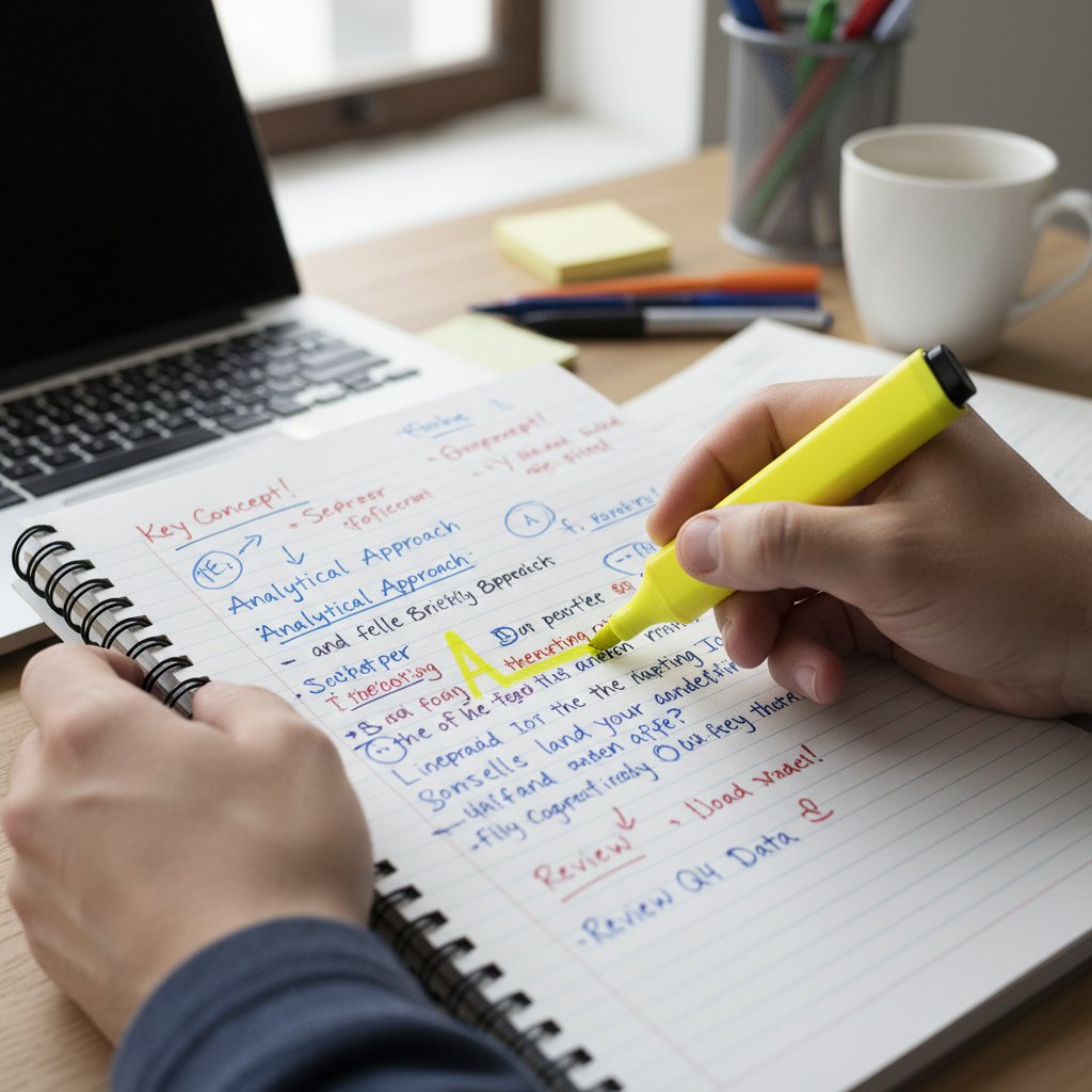 Osoba podkreślająca fragment listu motywacyjnego, obok notatki z własnymi pomysłami