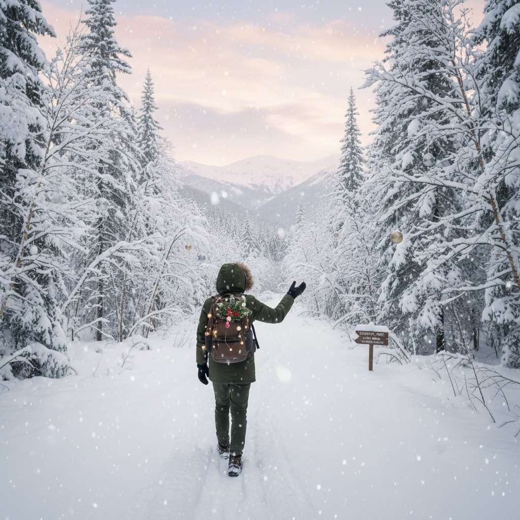 Osoba samotnie wędrująca po zimowym lesie, świąteczny klimat, spokój