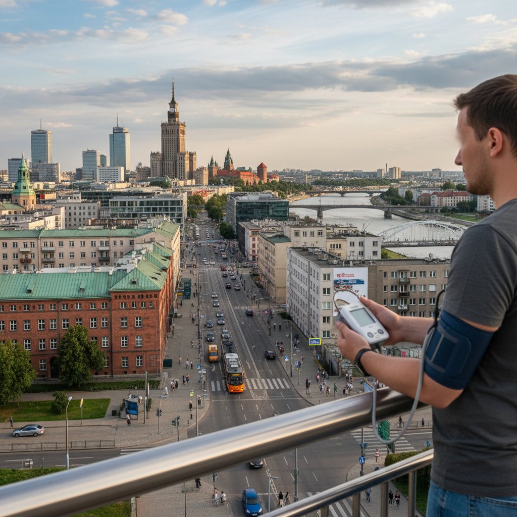 Osoba trzymająca holter ciśnieniowy na tle miejskiego krajobrazu w Polsce